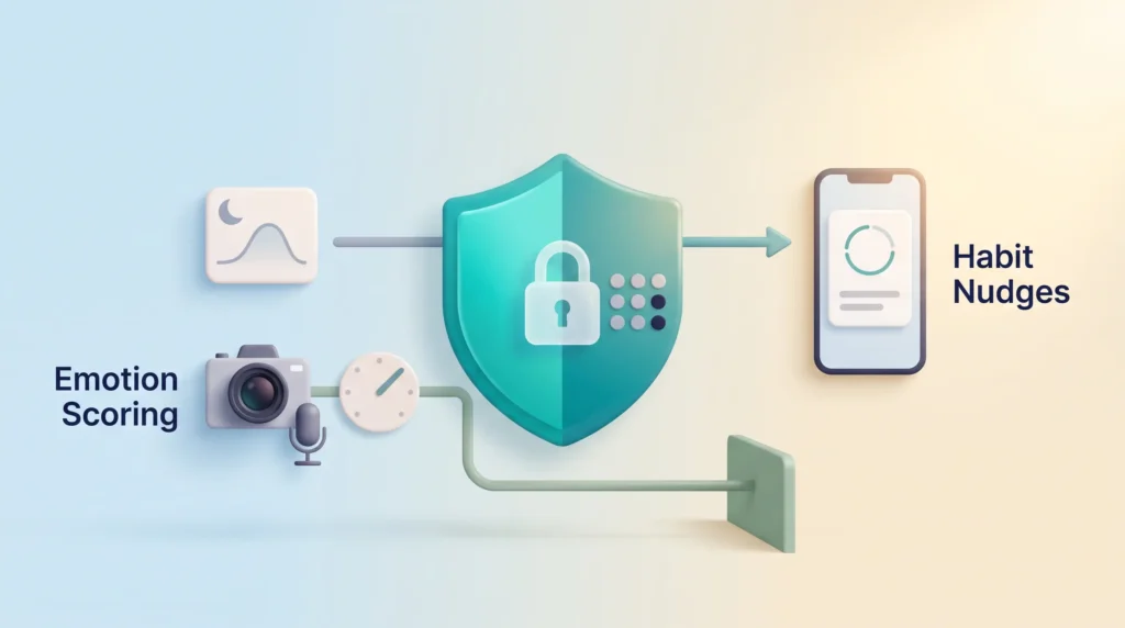 Privacy shield passing sleep data to habit nudges while emotion scoring from camera and microphone is stopped, as the EU AI Act requires at work.