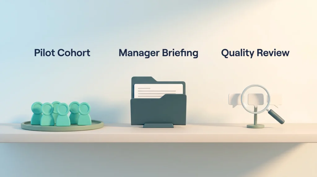 Three pilot stages on a shelf: a small pilot cohort, a manager briefing folder and a quality review of real conversations under a magnifier.