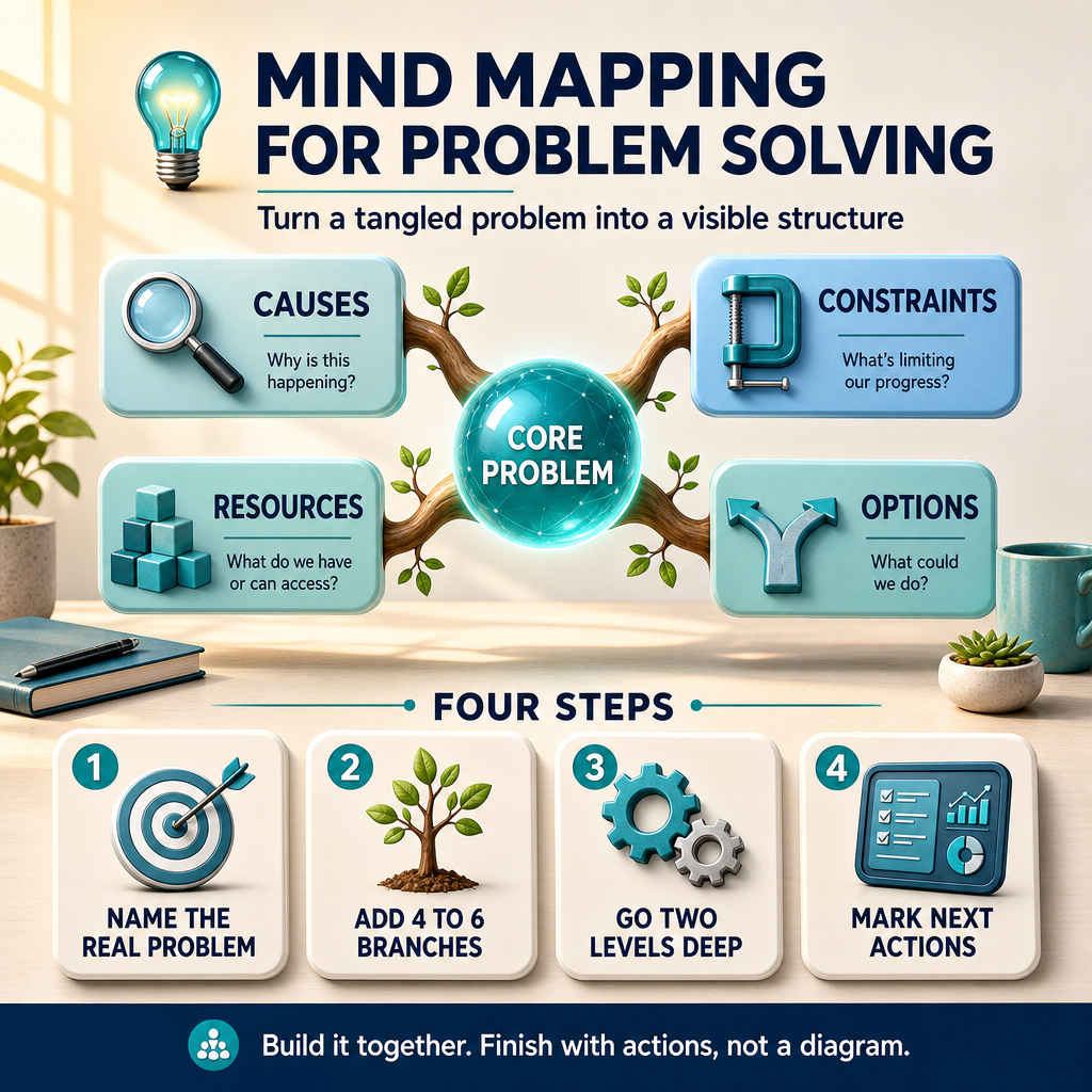 Square infographic titled "Mind Mapping for Problem Solving" in a semi-realistic 3D style with teal and blue accents and warm sunlight. A glowing central node labelled "Core Problem" sits on a desk-like surface, with four illustrated branches growing outward like tree limbs toward labelled cards reading Causes, Constraints, Resources and Options. Below, four numbered steps show the workflow: name the real problem, add four to six branches, break into sub-branches, and mark decisions and next actions, illustrated with a lightbulb, gears, a small growing tree and a digital dashboard.