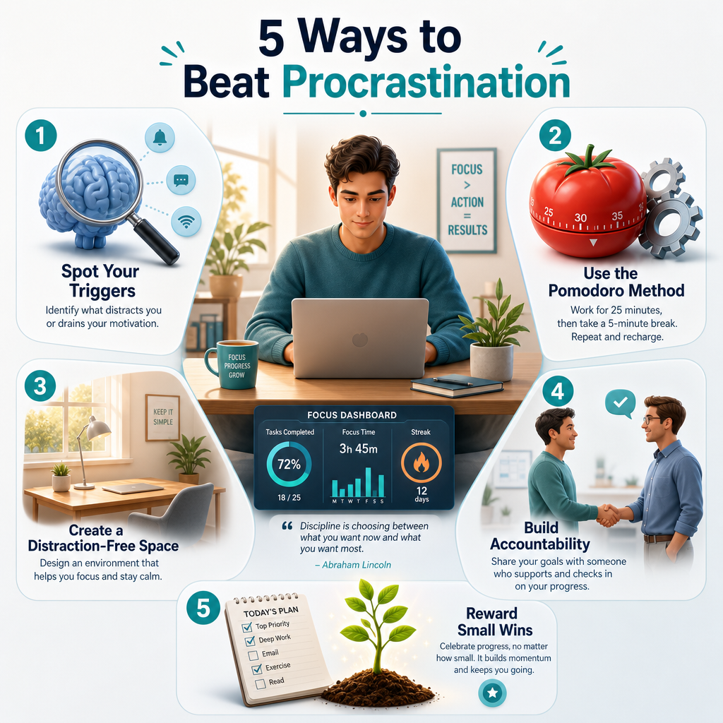Infografik "5 Ways to Beat Procrastination": fünf Illustrationen zu Trigger erkennen, Pomodoro-Technik, ablenkungsfreier Arbeitsplatz, Accountability und Belohnung kleiner Erfolge in Teal- und Blautönen mit warmem Sonnenlicht.