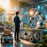 The Role of Robotics in Future Workplaces Infographic showing robots and humans collaborating in a future workplace with dashboards, a growing plant, and gears symbolizing productivity and automation