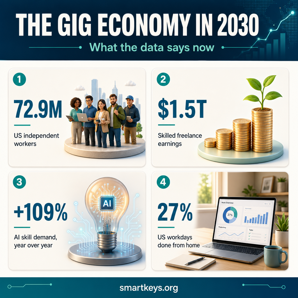 SmartKeys infographic "The Gig Economy in 2030" showing four key figures: 72.9 million US independent workers, $1.5 trillion in skilled freelance earnings, AI skill demand up 109% year over year, and 27% of US workdays worked from home.