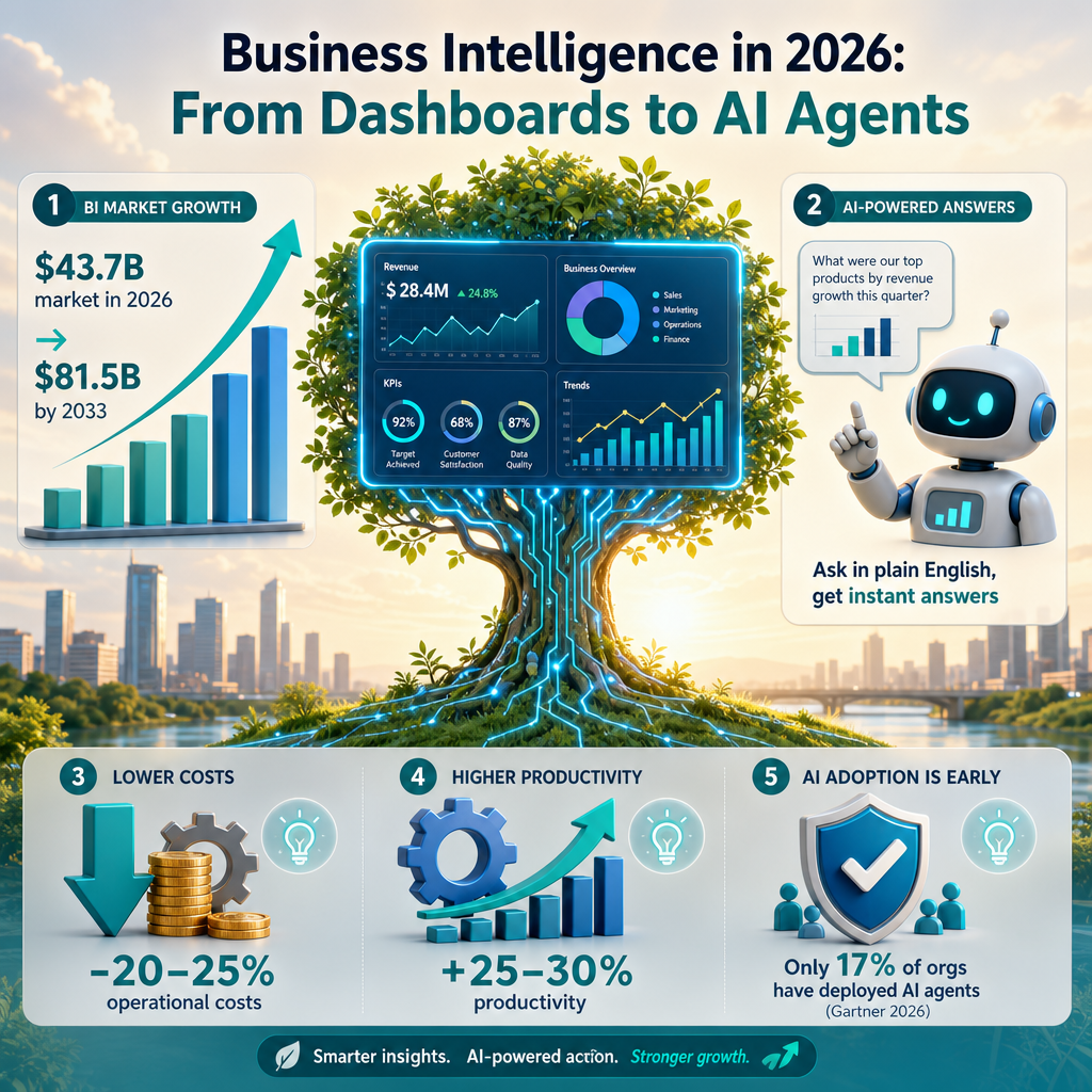 SmartKeys infographic on Business Intelligence in 2026, showing market growth from $43.7 billion to $81.5 billion, the shift to agentic AI and natural language analytics, and productivity gains of 25 to 30 percent alongside a 20 to 25 percent reduction in operational costs.