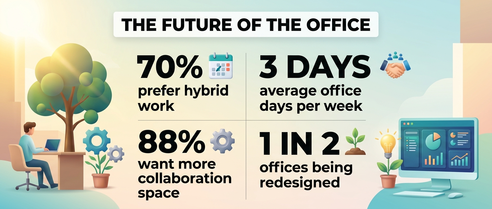 Infographic showing four key statistics on the future of hybrid office workspaces