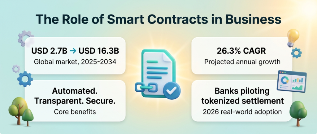 Infographic showing smart contracts business market growth from USD 2.7 billion in 2025 to USD 16.3 billion by 2034, 26.3% CAGR, core benefits and 2026 bank adoption