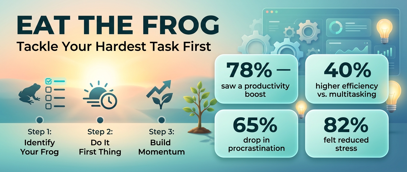 Infographic titled "Eat the Frog: Tackle Your Hardest Task First" showing a three-step flow — identify your frog, do it first thing in the morning, build momentum — next to four data callouts: 78% saw a productivity boost, 40% higher efficiency versus multitasking, 65% drop in procrastination, and 82% felt reduced stress. Warm sunrise-to-teal gradient with a small growing tree, gears, lightbulb and dashboard icons.