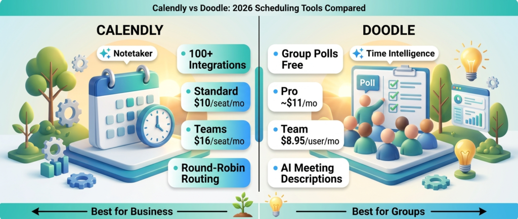 Infographic comparing Calendly and Doodle in 2026, showing Calendly's 100+ integrations, Standard $10/seat/month and Teams $16/seat/month pricing with AI Notetaker, versus Doodle's free Group Polls, Pro at about $11/month and Team at $8.95/user/month with AI-generated meeting descriptions and time intelligence features.