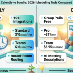 Infographic comparing Calendly and Doodle in 2026, showing Calendly's 100+ integrations, Standard $10/seat/month and Teams $16/seat/month pricing with AI Notetaker, versus Doodle's free Group Polls, Pro at about $11/month and Team at $8.95/user/month with AI-generated meeting descriptions and time intelligence features.