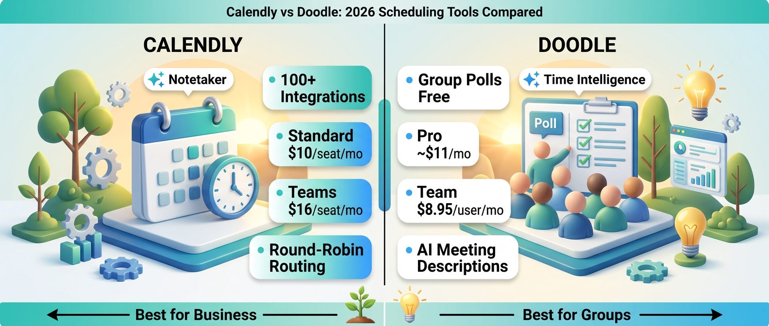 Infographic comparing Calendly and Doodle in 2026, showing Calendly's 100+ integrations, Standard $10/seat/month and Teams $16/seat/month pricing with AI Notetaker, versus Doodle's free Group Polls, Pro at about $11/month and Team at $8.95/user/month with AI-generated meeting descriptions and time intelligence features.