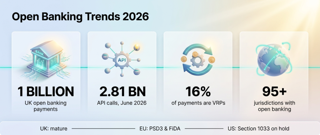 Infographic titled Open Banking Trends 2026 showing one billion UK open banking payments, 2.81 billion API calls in June 2026, variable recurring payments at 16% of transactions, and 95-plus jurisdictions with open banking frameworks, plus regional status for the UK, EU and US.
