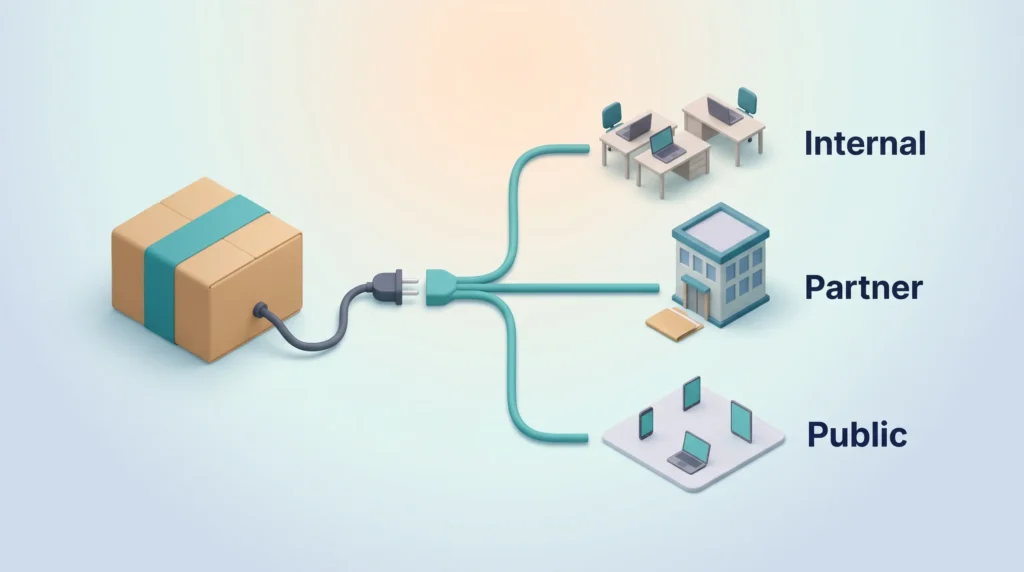 API Economy Business Consumer Types API economy business shown as a boxed product with a plug whose cable branches to internal teams, a partner office and public developers