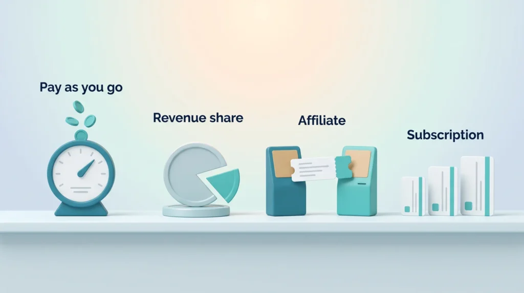 API Monetization Pricing Models API monetization models side by side: a usage meter for pay as you go, a split coin for revenue share, an affiliate ticket handoff and tiered subscription cards