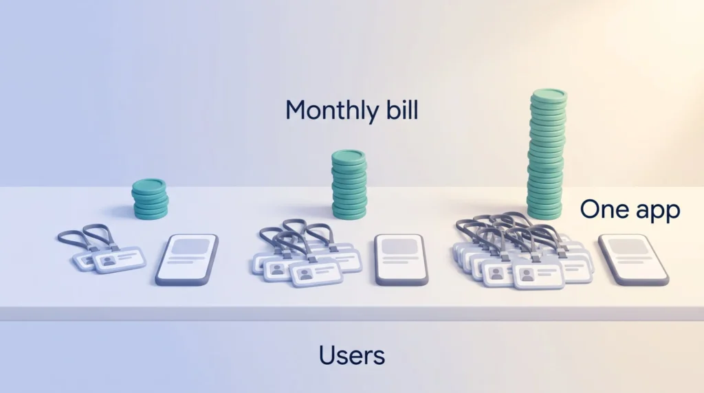 AppSheet Per User Pricing AppSheet review of per user pricing: more user badges mean a taller monthly bill coin stack, while the single app stays the same.