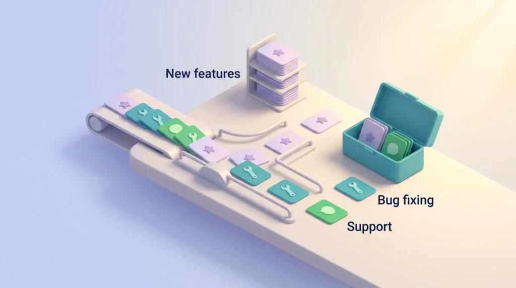 AppSheet Strategy Shift Priorities AppSheet strategy shift: most new feature cards wait on a shelf, while bug fixing, support and a few features move on to the toolbox.