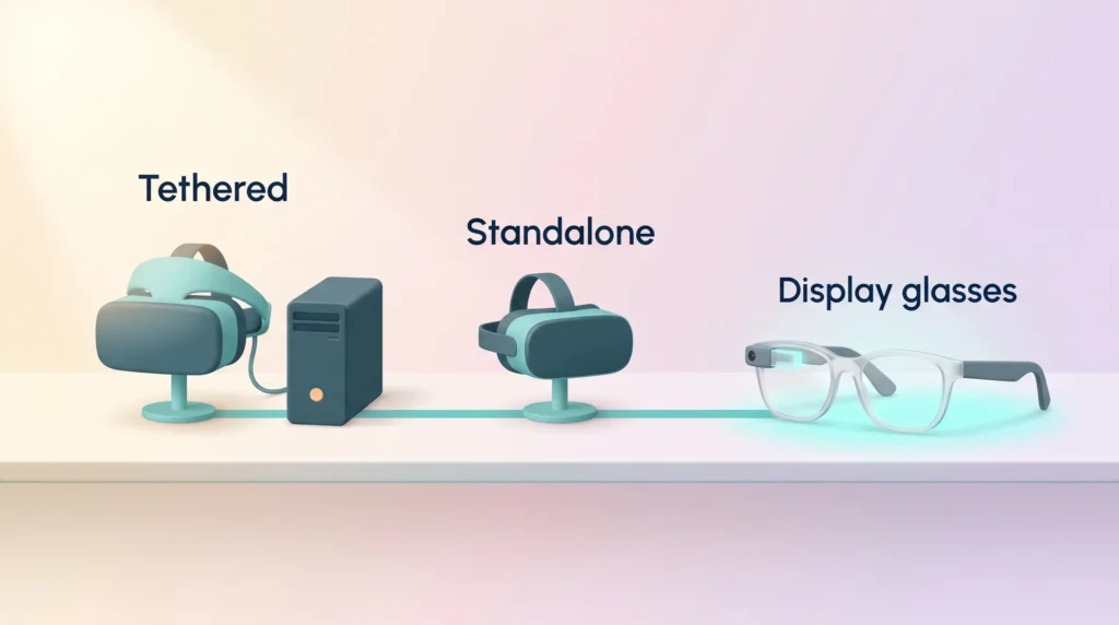 AR VR workspaces hardware shifting from a tethered VR headset and a standalone headset to lightweight display glasses.