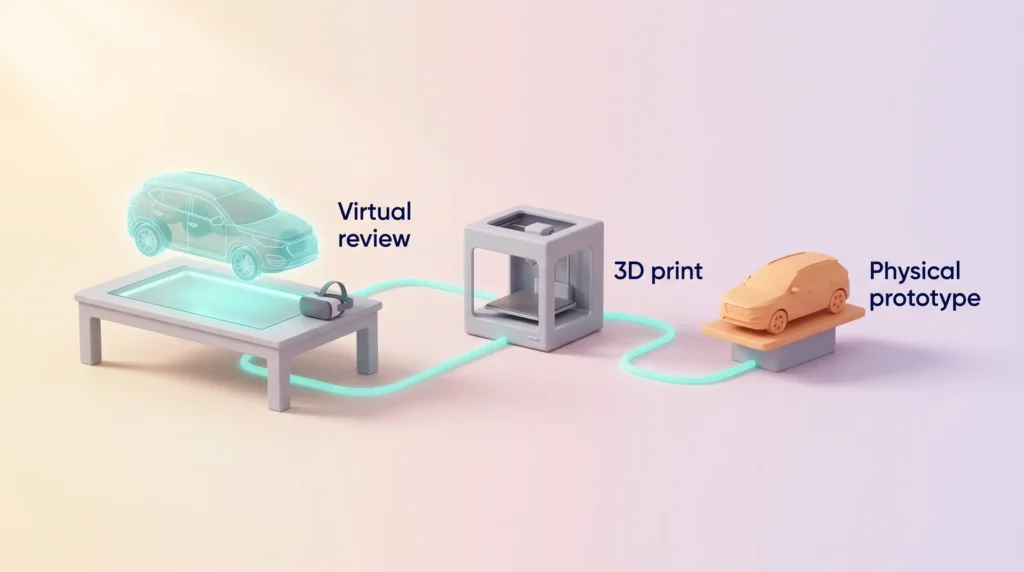 Holographic car model reviewed in VR on a design table, then 3D printed as a single physical prototype.