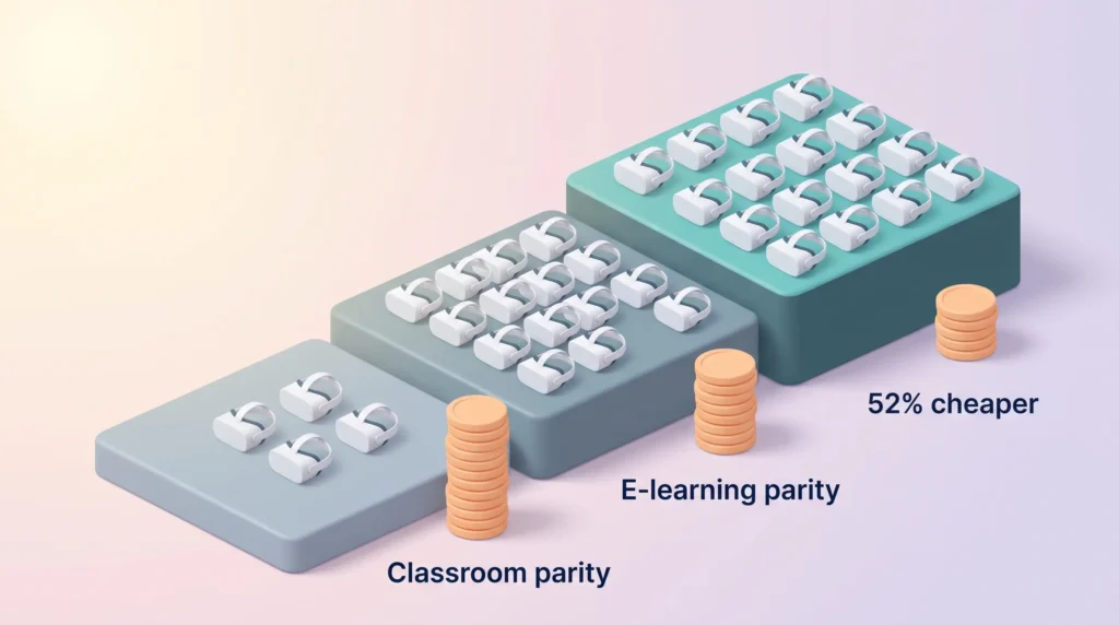 Virtual reality at work pays off at scale: more learners cut the cost per learner from classroom parity to 52% cheaper.