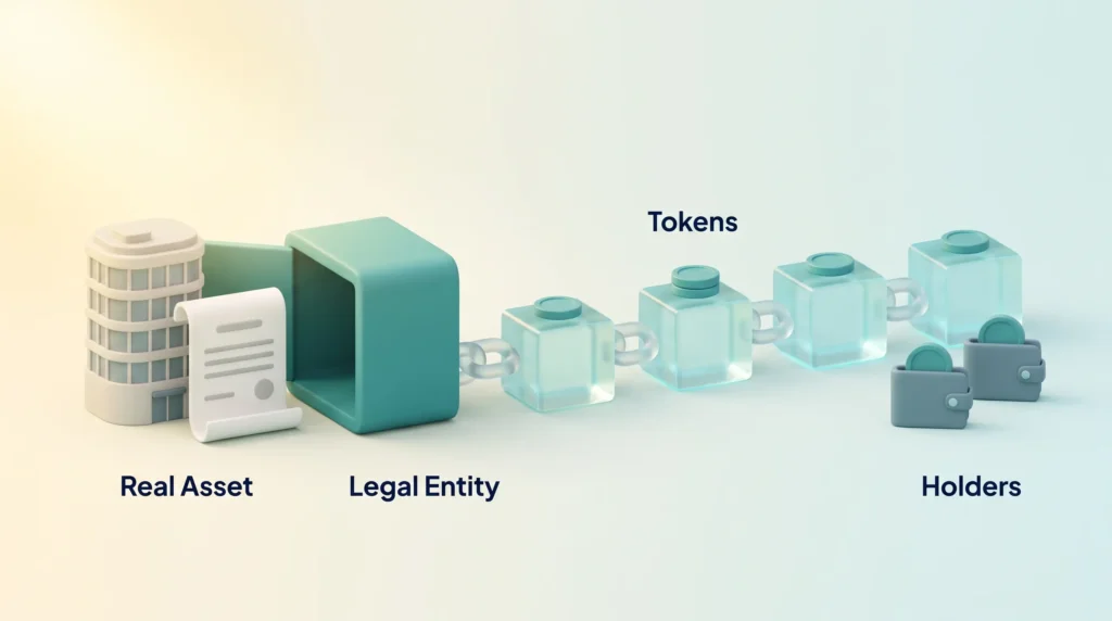 Asset Tokenization Legal Entity and Tokens Asset tokenization explained: a building and bond as the real asset, a legal entity box, tokens on a chain of glass blocks and holder wallets.