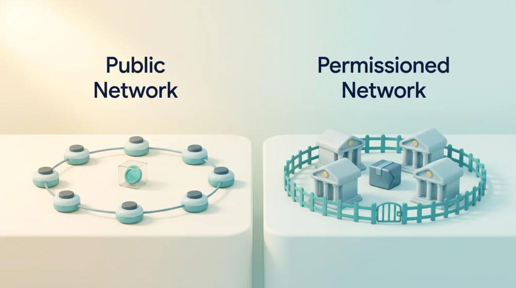 Public vs Permissioned Blockchain Network A public network of open connected nodes showing a visible token next to a fenced permissioned network of banks holding tokenized assets privately.
