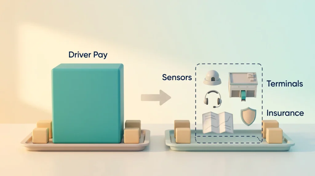 Driverless Truck Cost per Mile Trade Off Driver pay block removed from a cost tray and partly offset by sensors, terminals, remote support, mapping and insurance for driverless trucks