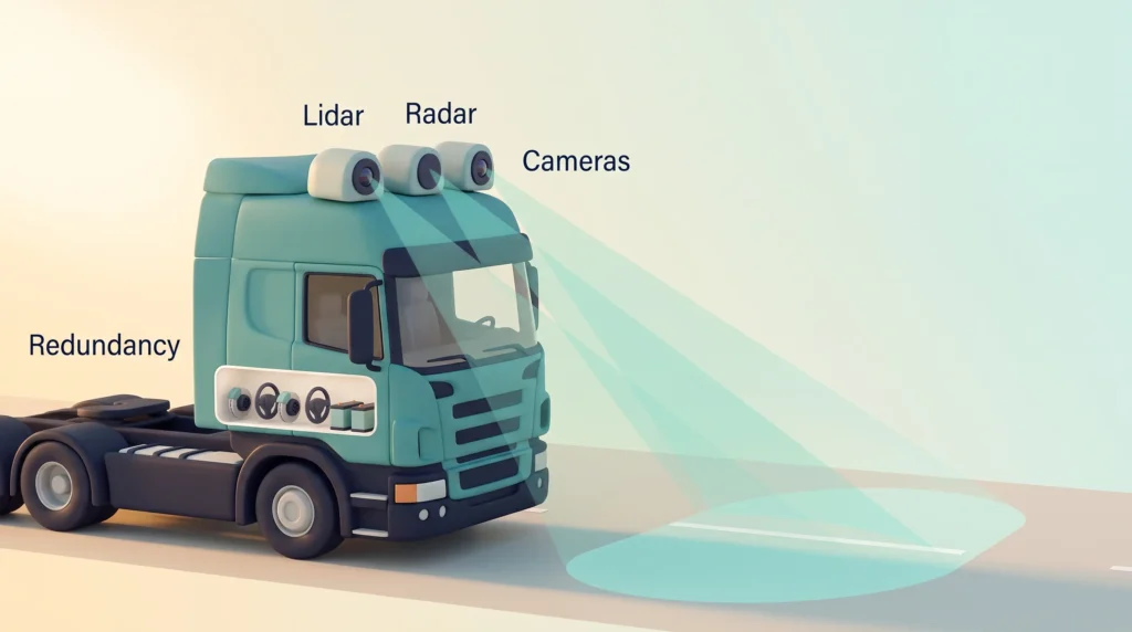 Autonomous Trucking Sensor Fusion and Redundancy Autonomous trucking setup: lidar, radar and camera pods on a teal cab merge their views on the road, beside redundant brakes, steering and batteries