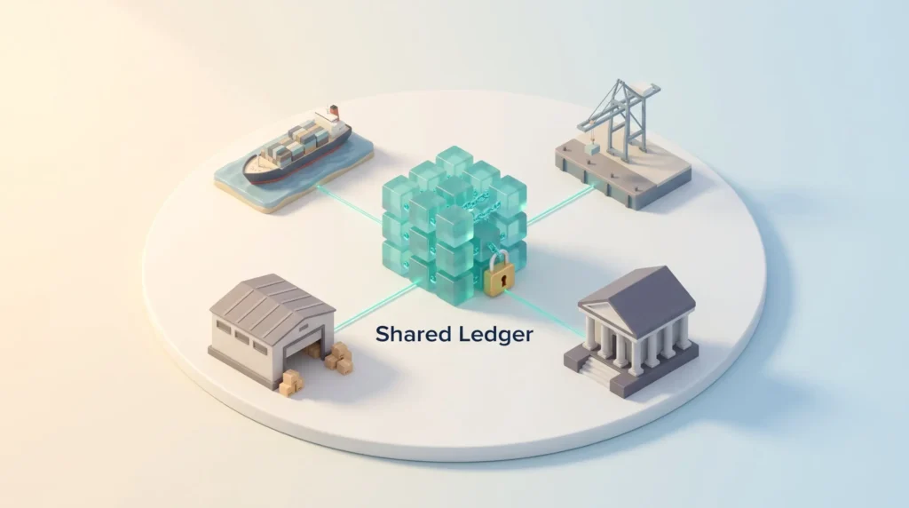 Blockchain Logistics Shared Ledger Blockchain logistics shared ledger at the center, linking a container ship, port crane, bank and warehouse to one tamper-evident record