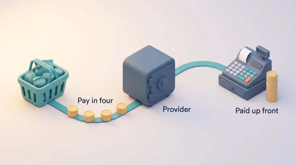 How BNPL Works at Checkout BNPL business impact at checkout: the shopper pays in four installments to the provider while the merchant is paid up front.