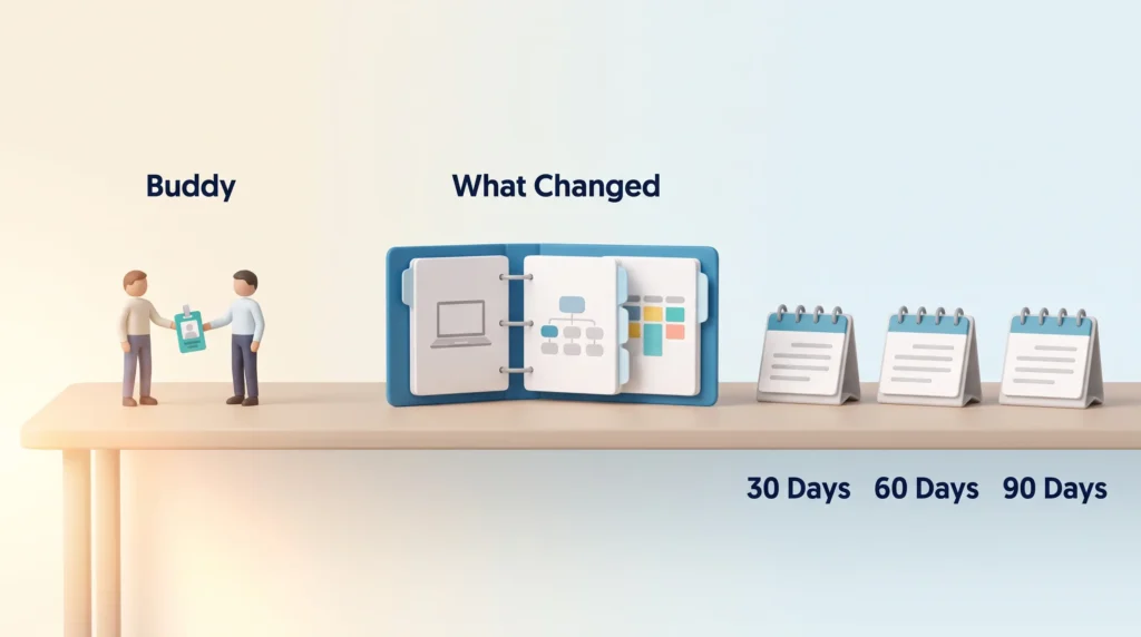 Employee reboarding plan with a buddy handing over a badge, a briefing binder on what changed and check-ins at 30, 60 and 90 days