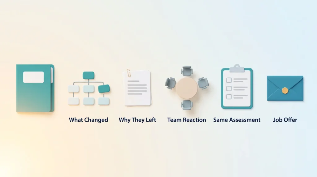 Checks before rehiring former employees: what changed, why they left, team reaction and the same assessment before the job offer