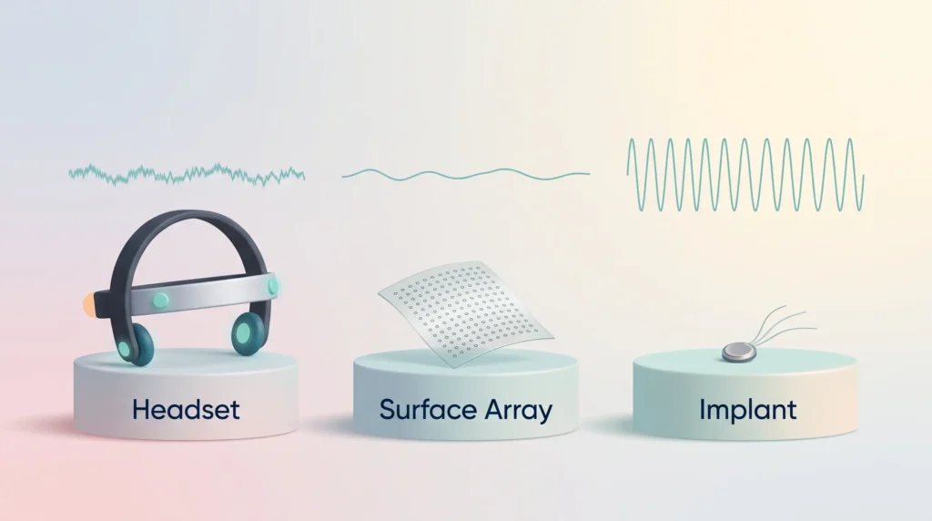 Brain-Computer Interface Device Types Compared Brain-computer interface options for the workplace compared: headset, surface array and implant, with a cleaner signal the closer the sensor sits.