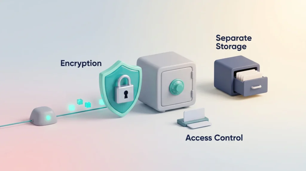 Neural Data Encryption and Access Control Neural data privacy safeguards: sensor data passes an encryption shield into a safe, identities are stored separately and access is card controlled.
