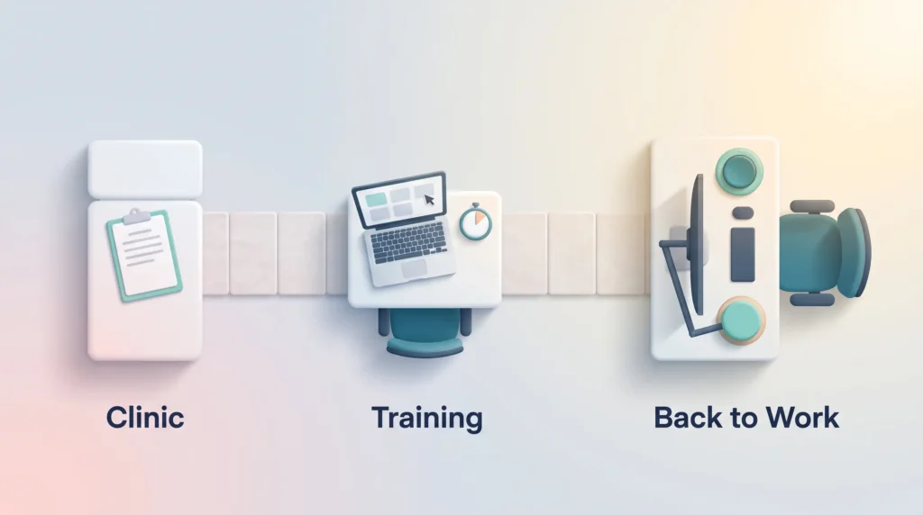 Return to Work Pathway With BCIs Return to work pathway from clinic to training to an adapted desk with an accessibility switch for employees using brain-computer interfaces.