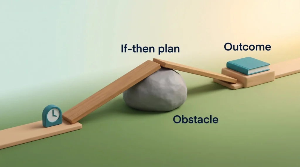 A wooden plank labeled if-then plan bridges a boulder obstacle on the path to a finished book, pairing the outcome with implementation intentions.