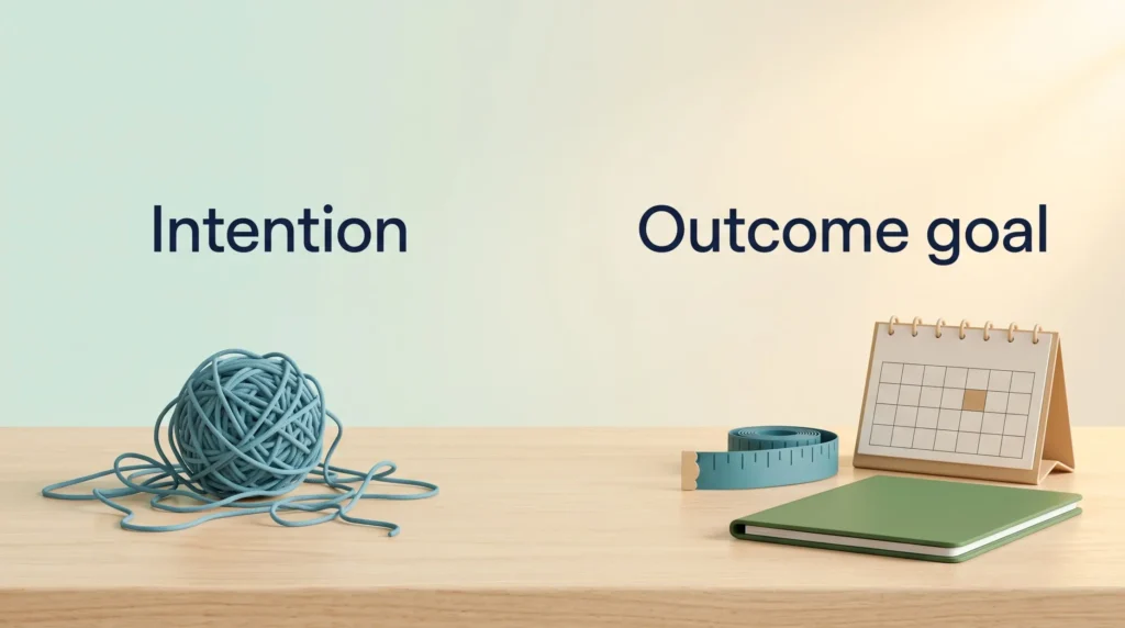 A tangled yarn ball marked intention next to a measuring tape, dated calendar and folder marked outcome goal, a measurable finished state.