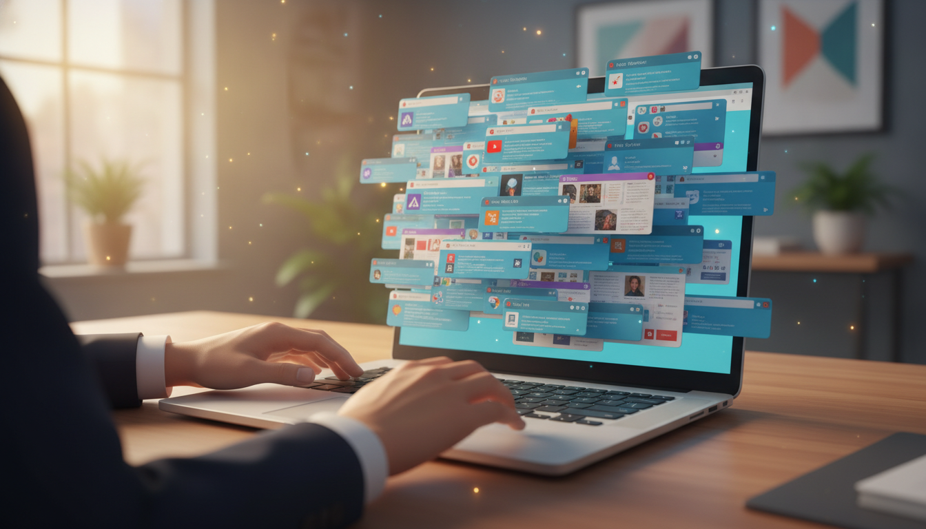 Person at a laptop whose screen is buried under layers of overlapping notification and message windows.