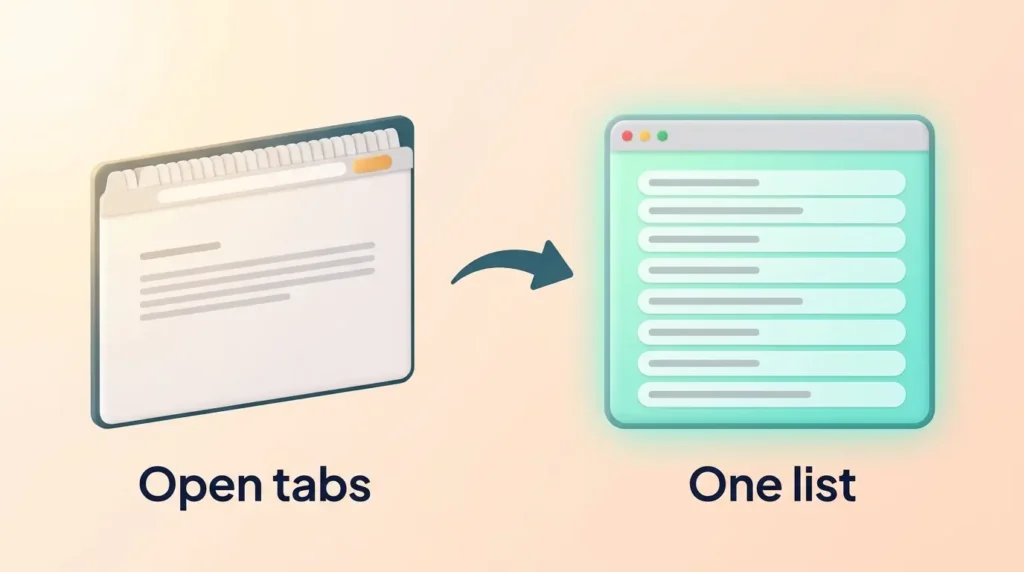 Tab Manager Extension Single List Tab manager extension parking a crowded window of open tabs into one saved list on a single tidy page.