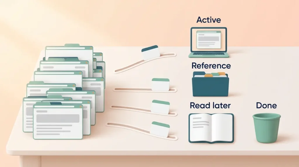 Browser Tab Management Triage Sorting Browser tab management triage: tabs from a crowded stack of windows sorted into active, reference, read later and done.
