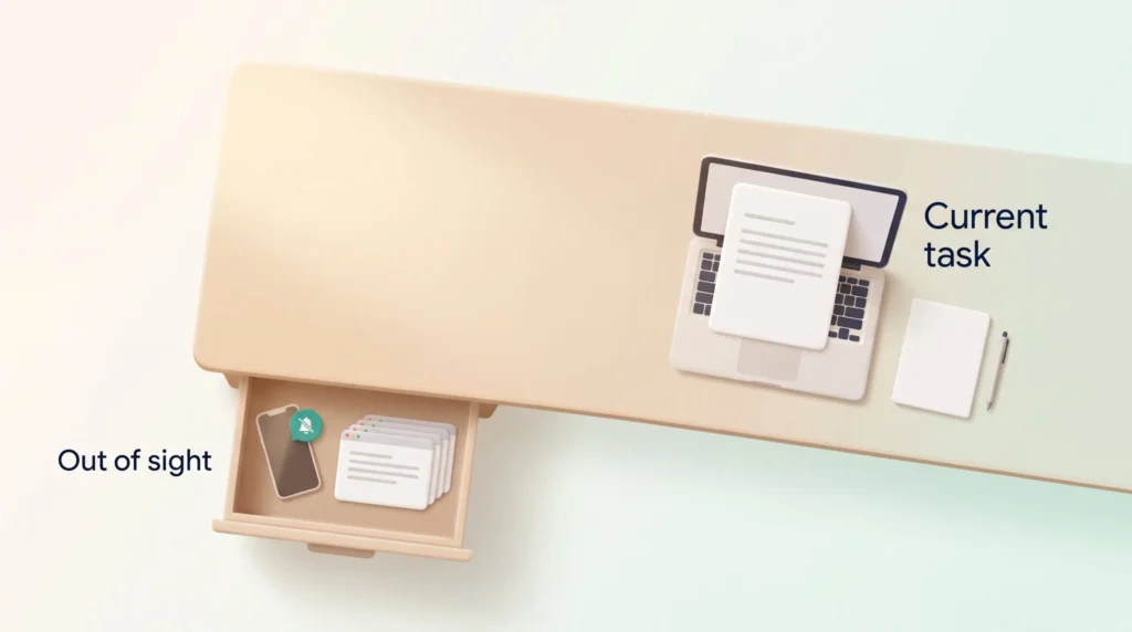 Desk seen from above with the muted phone and closed tabs out of sight in a drawer and only the current task on the clear surface.