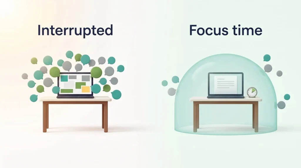 Building self-discipline starts with structure: an interrupted desk swamped by chat bubbles beside a desk protected for focus time.