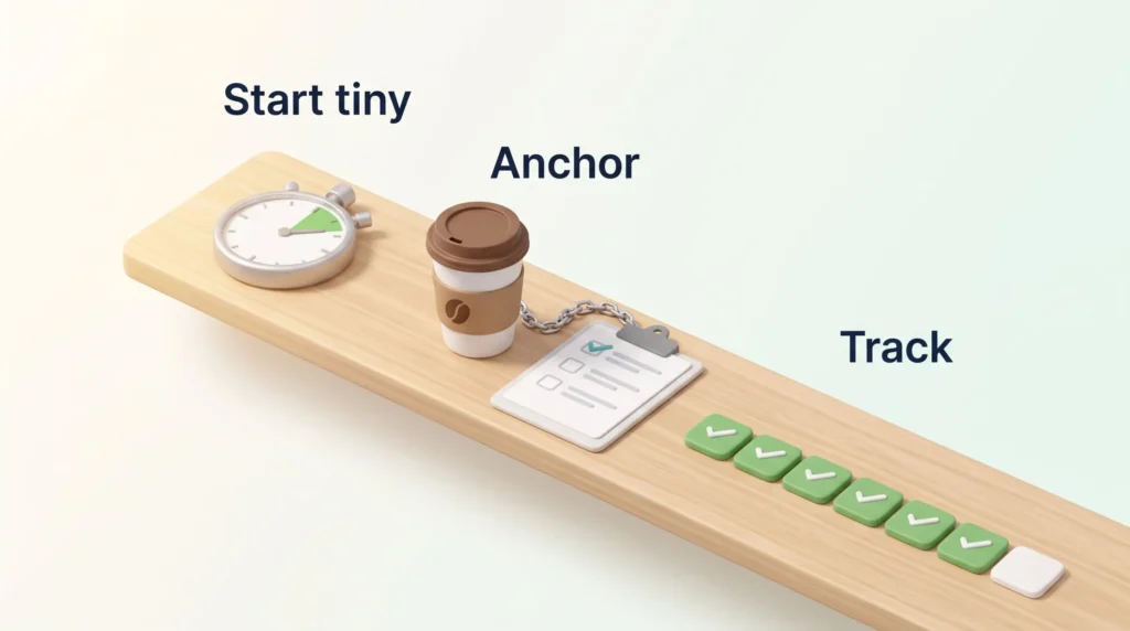 Discipline habits in three steps: a stopwatch to start tiny, a coffee cup chained to a checklist as anchor, and a streak tracker.
