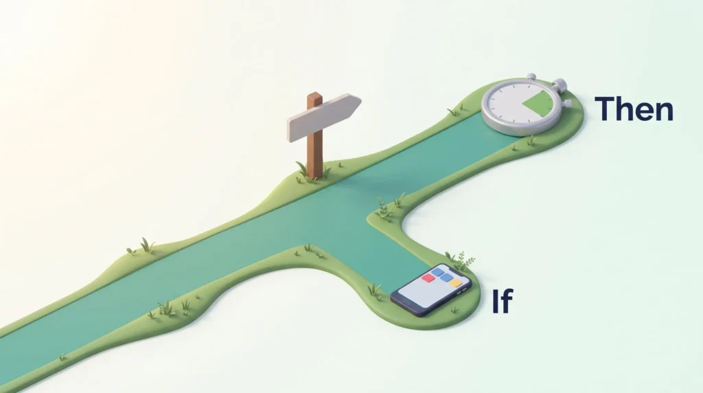 If-then plan as a forked path: a signpost steers away from the phone branch back toward restarting the focus timer.