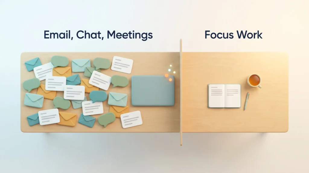 Burnout prevention starts with the workday: a desk split between a crowded email, chat and meetings zone and a calm focus work zone.