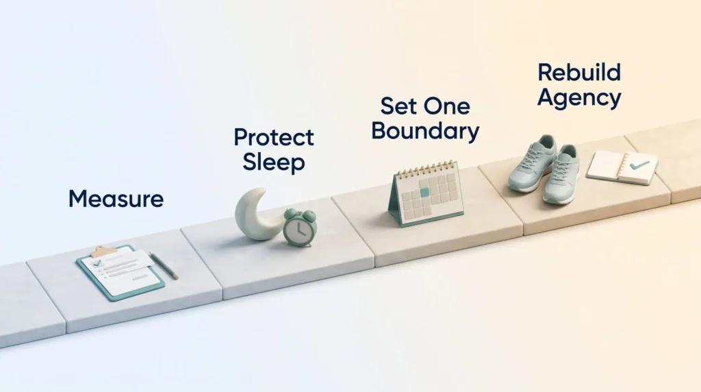 Four-week reset path to prevent burnout: measure, protect sleep, set one boundary and rebuild agency with movement and a win log.