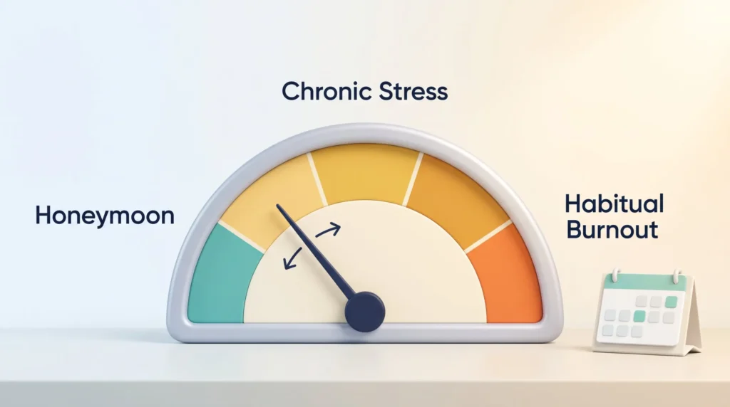 Stages of burnout shown as a dial gauge from Honeymoon through Chronic Stress to Habitual Burnout, with a desk calendar for regular check-ins.