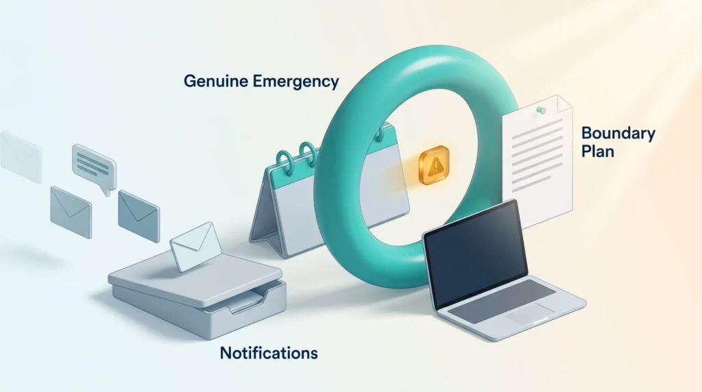 Work-life boundaries as a teal ring around calendar and laptop: notifications wait in a tray, only a genuine emergency passes through.