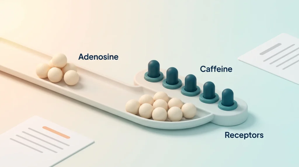 Caffeine plugs fill every receptor while adenosine spheres pile up in front, showing sleep pressure blocked but still building.