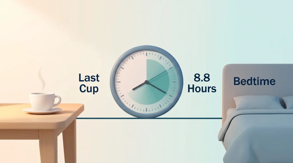 Caffeine and sleep timeline from the last cup at a desk, past a clock marking 8.8 hours, to bedtime in a calm bedroom.