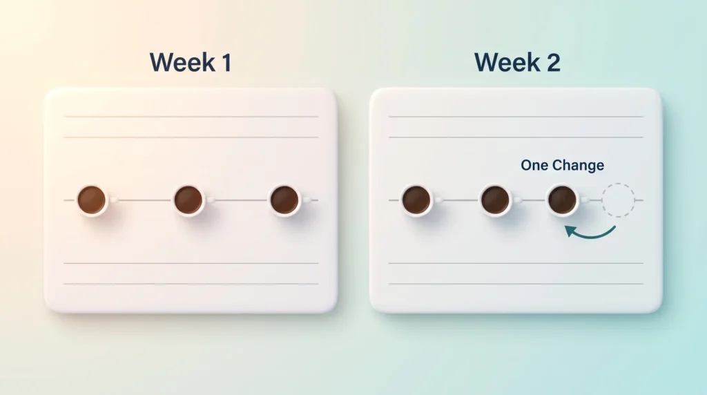 Caffeine timing self test: week 1 logs three cups, and in week 2 only the last cup moves earlier while the rest stays the same.