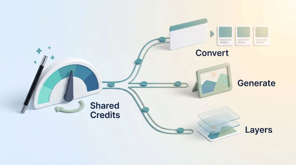 Canva AI Shared Credit Allowance Canva review illustration: a credit gauge with a magic wand feeds shared credits to the Convert, Generate and Layers AI tools.