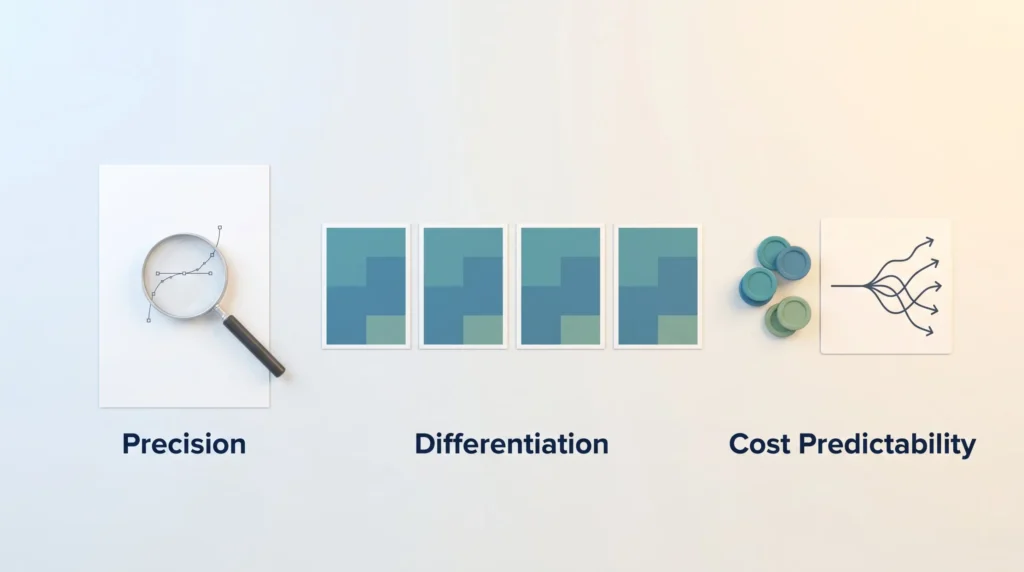 Canva Limitations Precision and Cost Three Canva limits on a desk: a magnifier over a vector curve, identical template posters and seat tokens beside a branching cost forecast.